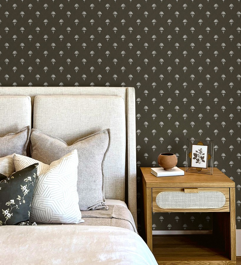 Papel pintado provenzal francés de flores pequeñas fondo negro  Willowmere Ditsy 684315