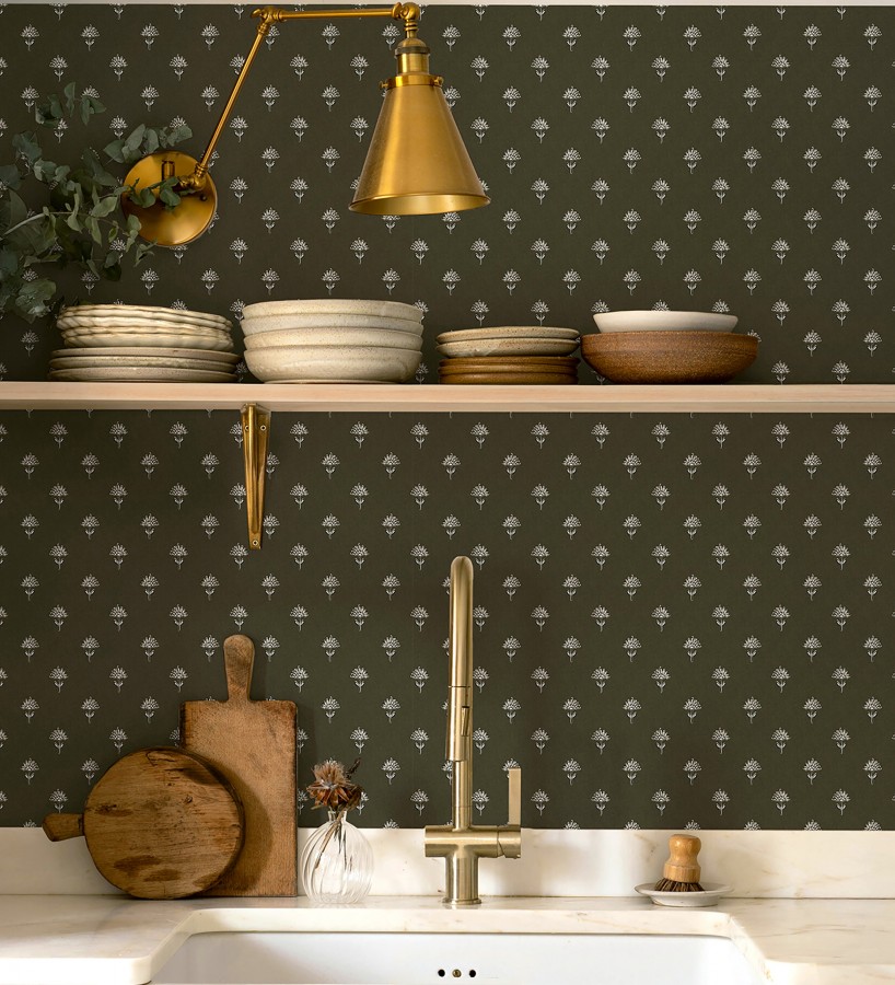 Papel pintado provenzal francés de flores pequeñas fondo negro  Willowmere Ditsy 684315