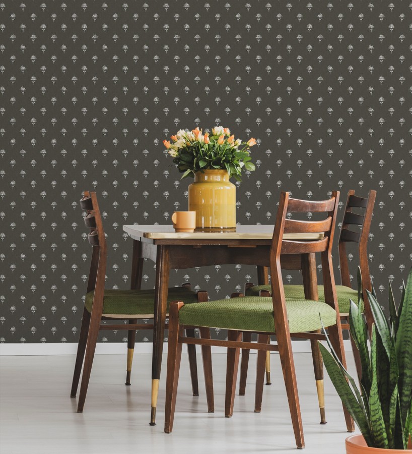 Papel pintado provenzal francés de flores pequeñas fondo negro  Willowmere Ditsy 684315