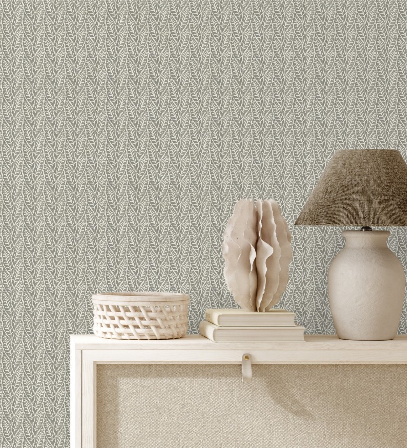 Papel pintado de hojas gris carbón entrelazadas estilo cottage country  Kigali Leaves 684321