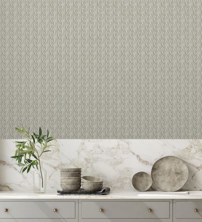 Papel pintado de hojas gris carbón entrelazadas estilo cottage country  Kigali Leaves 684321