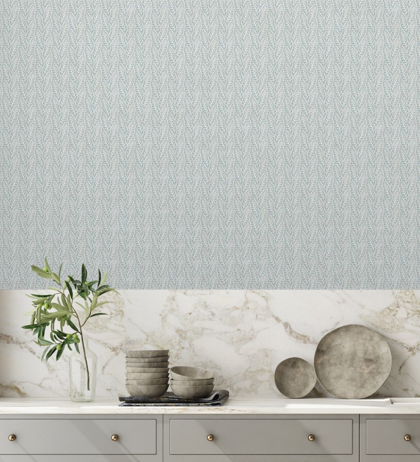 Papel pintado de hojas azules entrelazadas estilo cottage country  Kigali Leaves 684322