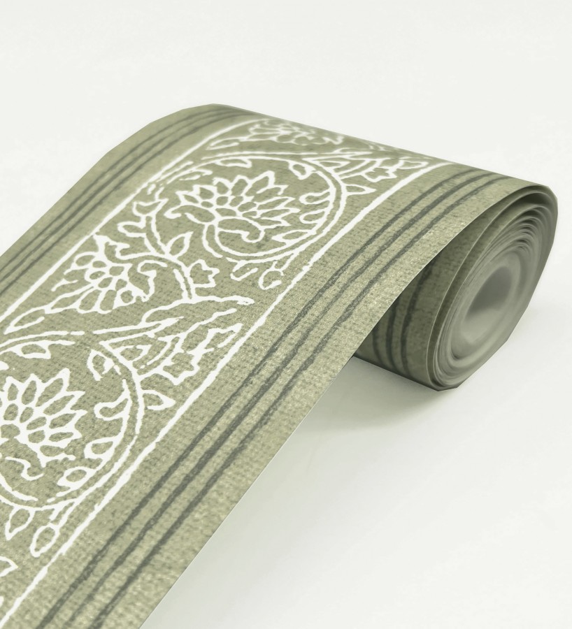 Cenefa de papel pintado diseño floral verde estilo cottage country  Primrose Lacework 684332