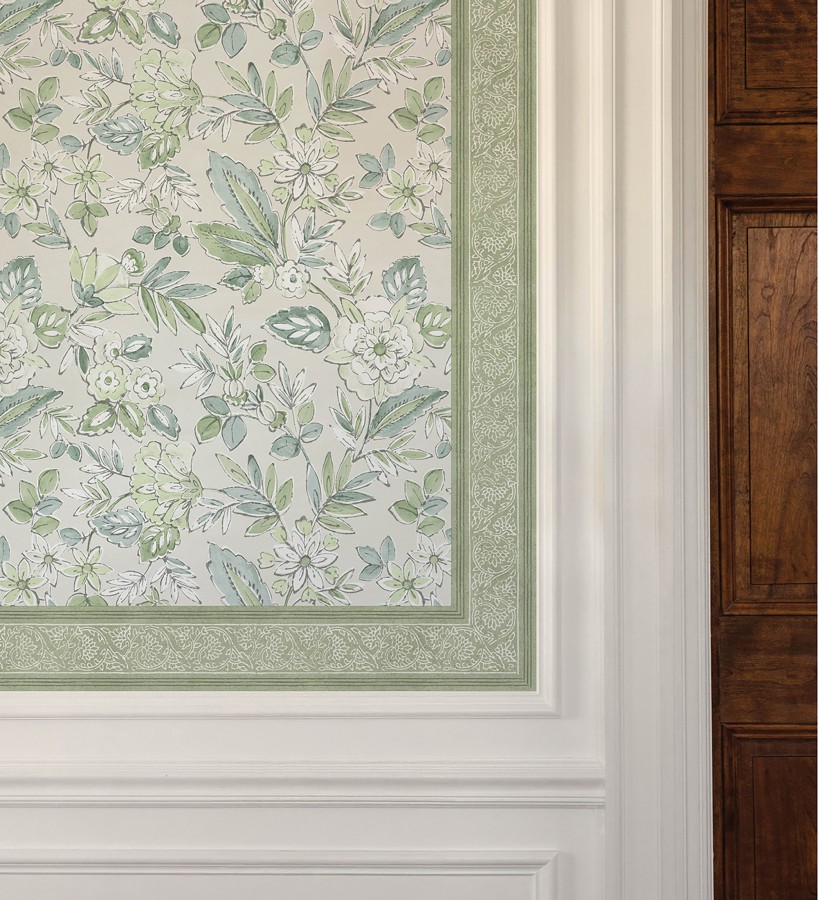 Cenefa de papel pintado diseño floral verde estilo cottage country  Primrose Lacework 684332