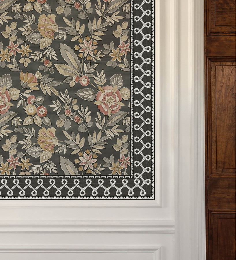 Cenefa de papel pintado ornamental de nudos color gris carbón  Brookhaven 684335