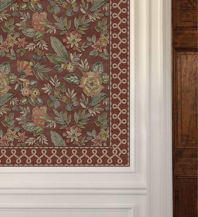 Cenefa de papel pintado ornamental de nudos color rojo burdeos  Brookhaven 684337