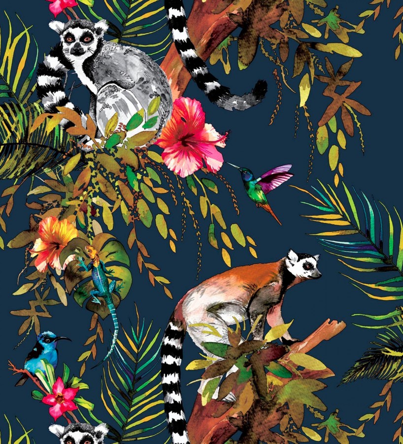 Papel pintado de lémures y colibrís  Madagascar Lush 684339