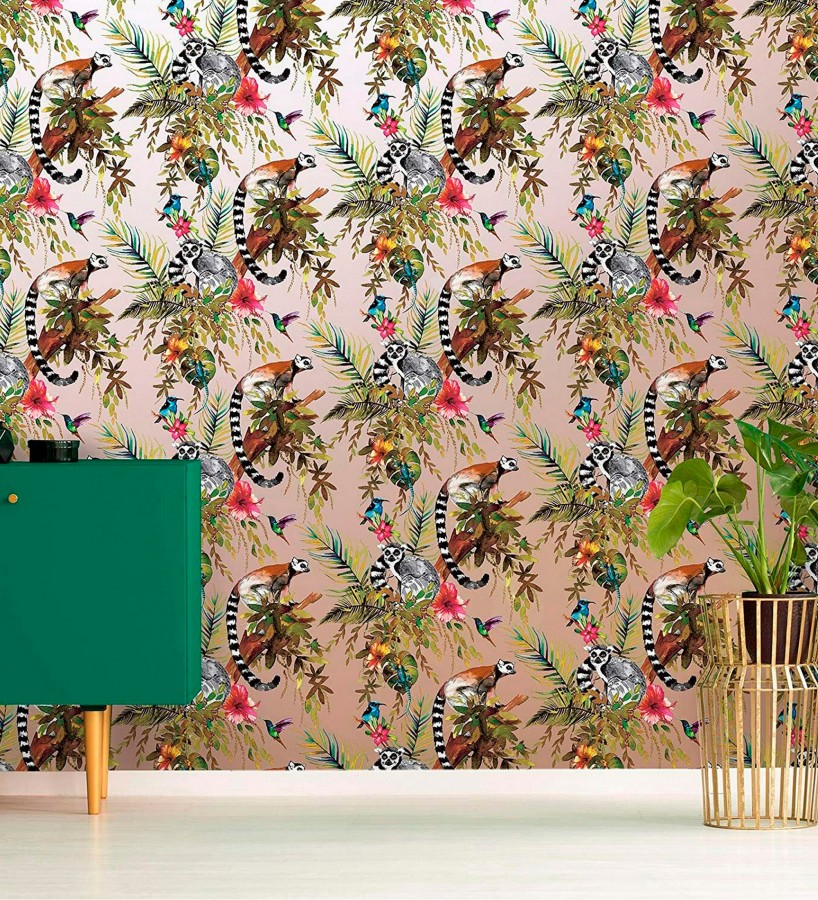 Papel pintado de lémures y colibrís  Madagascar Lush 684340