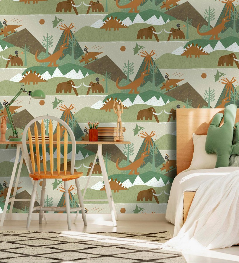 Papel pintado aventura prehistórica de dinosaurios y mamuts  Pangea Primitive 684342