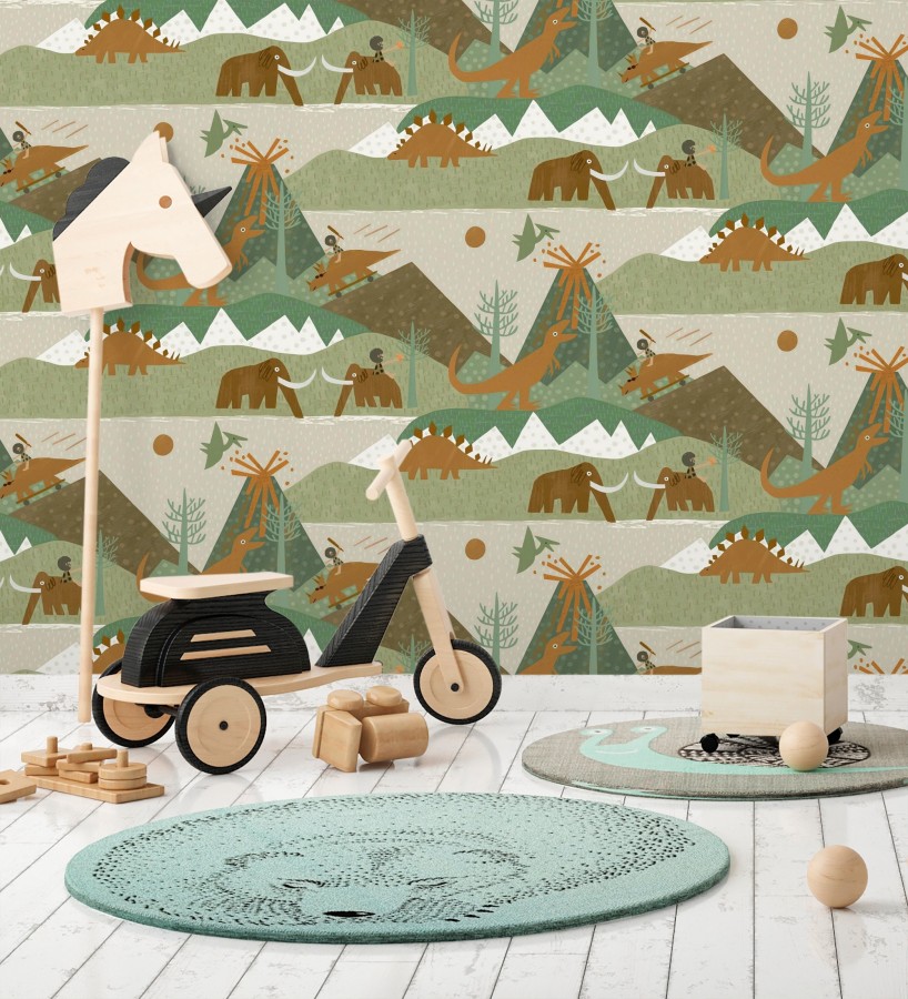 Papel pintado aventura prehistórica de dinosaurios y mamuts  Pangea Primitive 684342