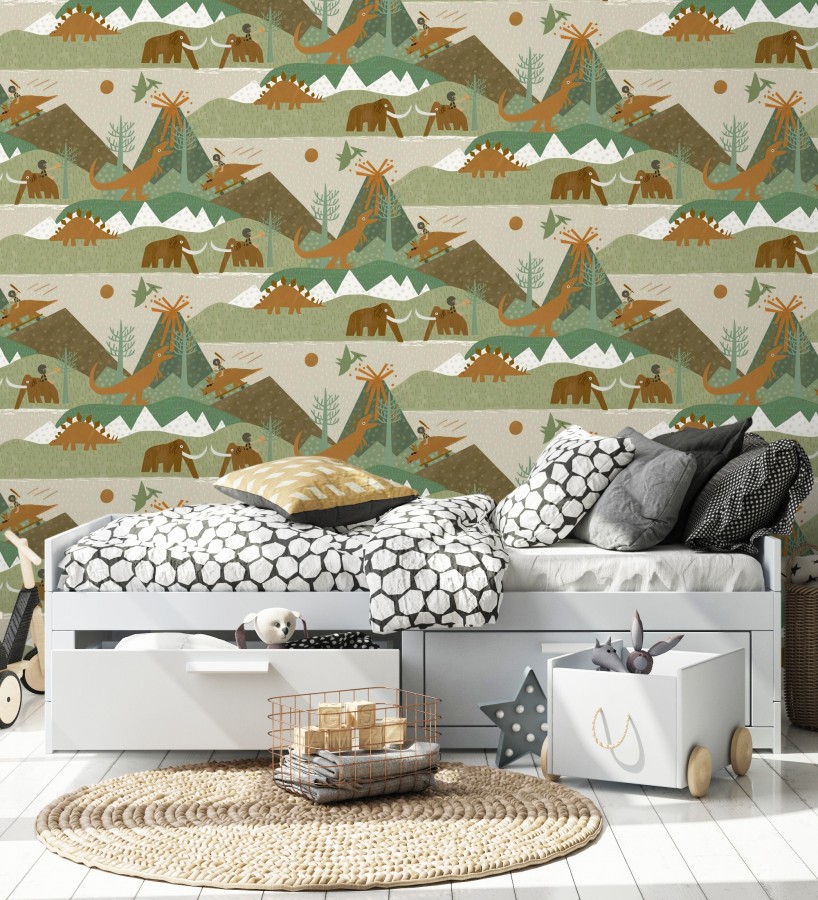 Papel pintado aventura prehistórica de dinosaurios y mamuts  Pangea Primitive 684342