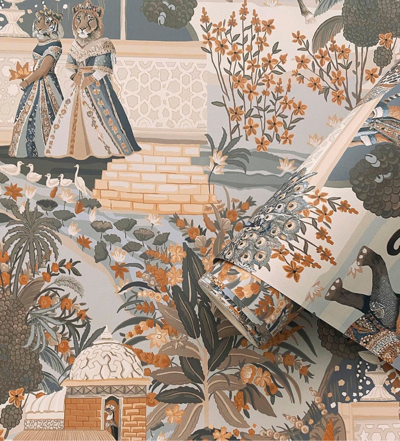 Papel pintado palacio de leones y tigres con elefantes jirafas caballos y aves  Kamal Imperial 684346