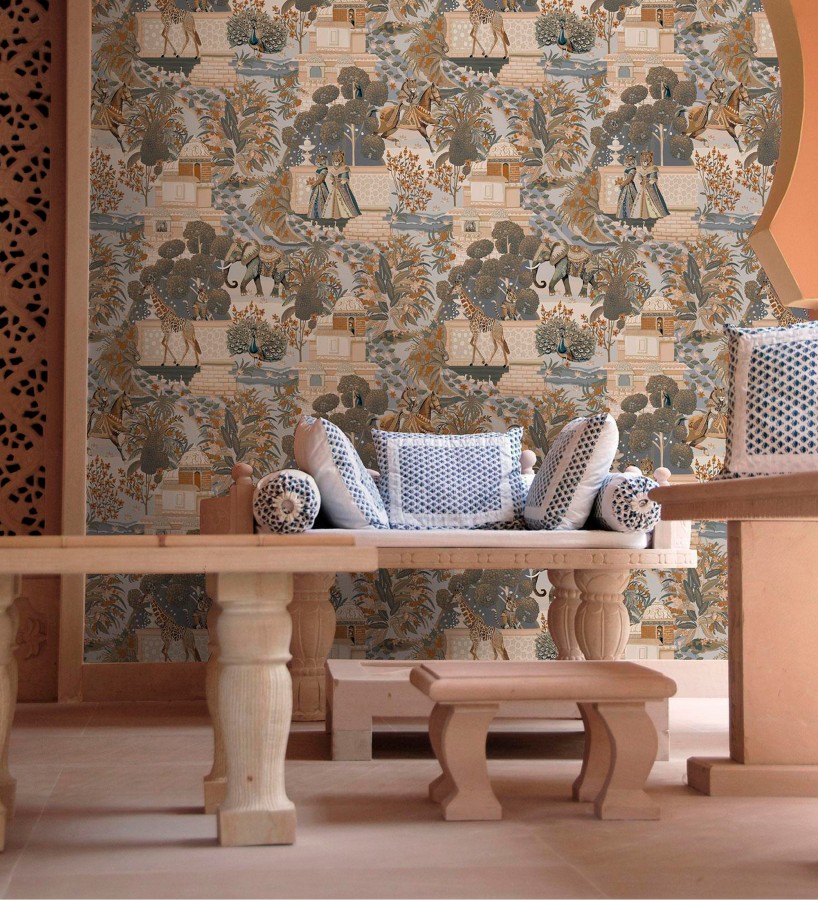Papel pintado palacio de leones y tigres con elefantes jirafas caballos y aves  Kamal Imperial 684346