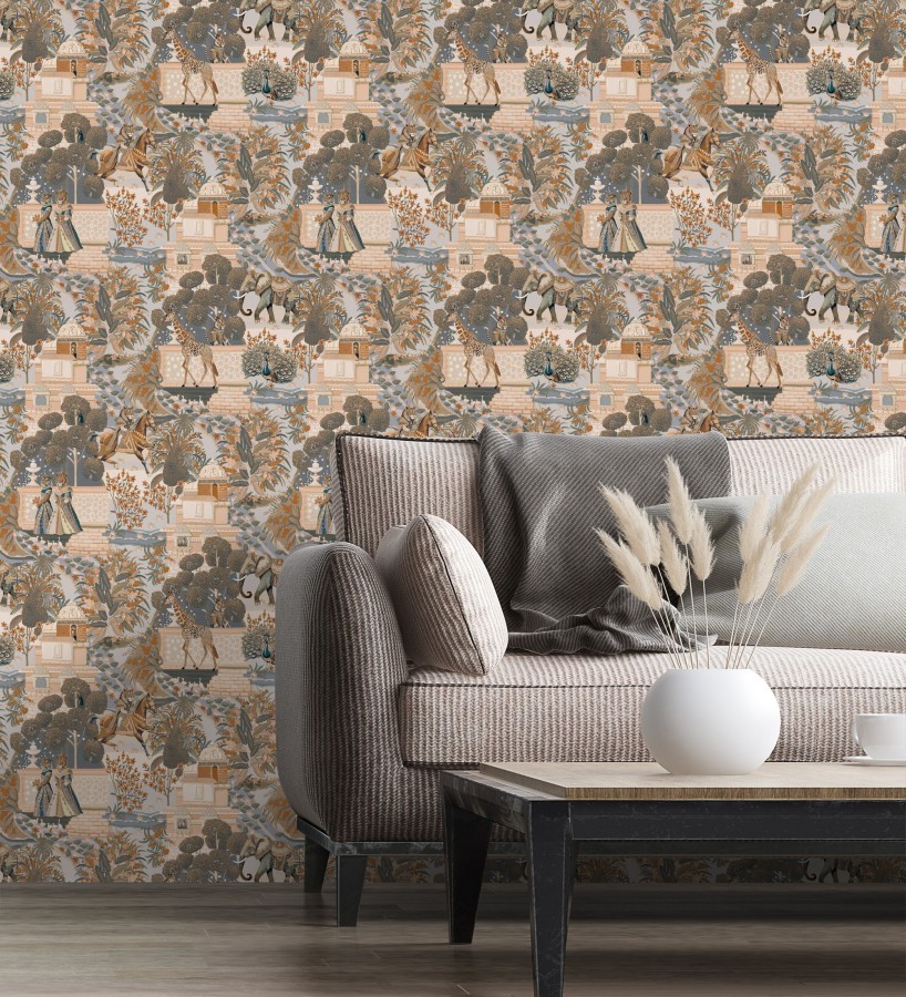 Papel pintado palacio de leones y tigres con elefantes jirafas caballos y aves  Kamal Imperial 684346