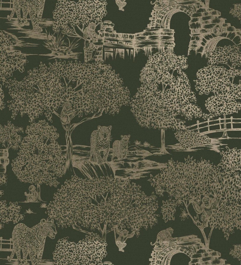 Papel pintado mural de selva exótica con monos y leopardos  Angkor Hidden 684347