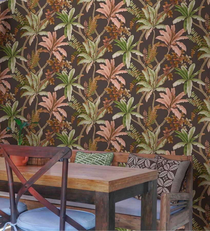 Papel pintado selva tropical tonos tierra y rosa  Palm Shadowy 684350