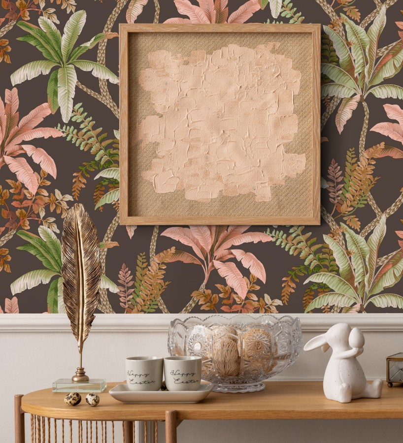 Papel pintado selva tropical tonos tierra y rosa  Palm Shadowy 684350