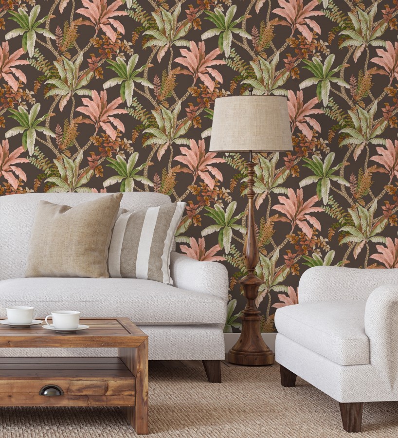 Papel pintado selva tropical tonos tierra y rosa  Palm Shadowy 684350