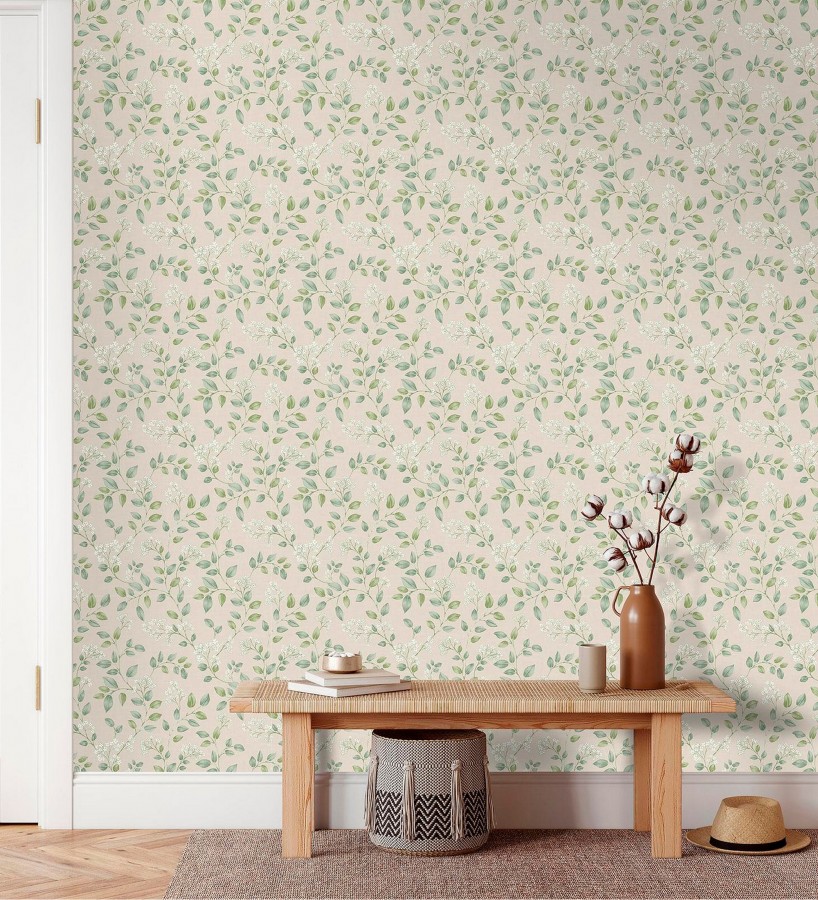 Papel pintado ramas verdes y flores blancas suaves  Ghent Linework 684354