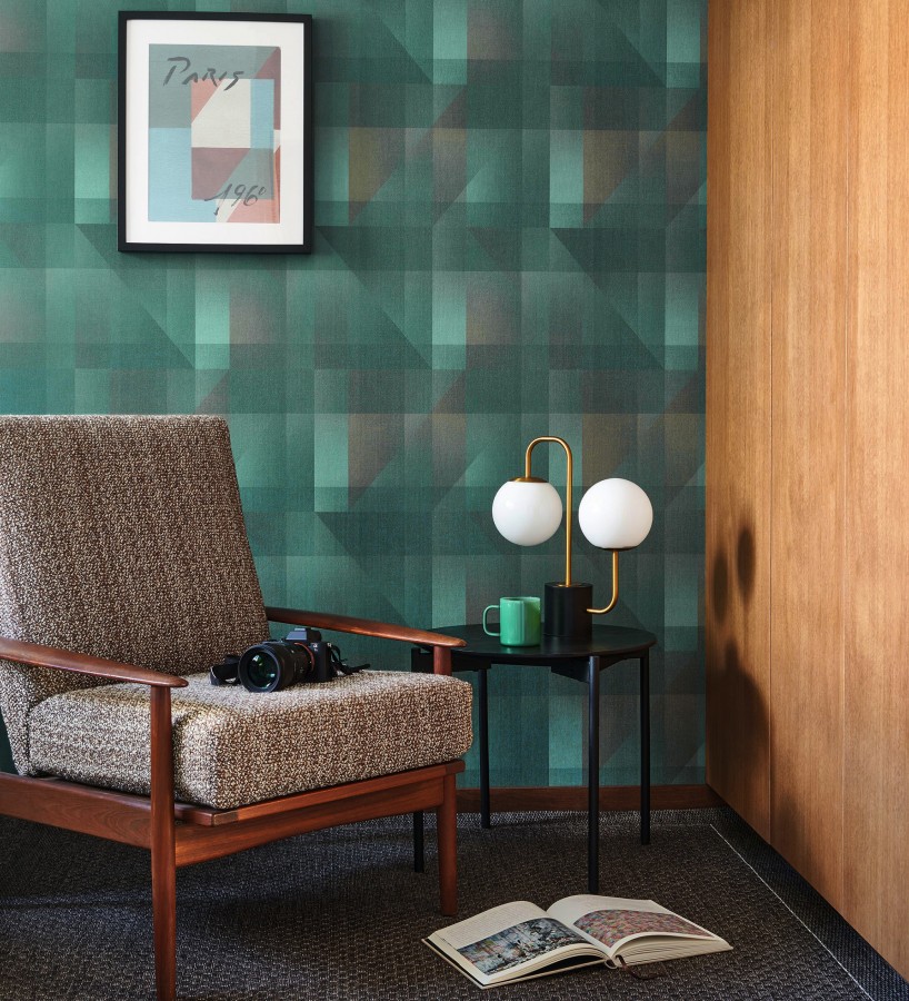 Papel pintado geometría de lino en tonos marrones y verde  Eindhoven Overlay 684362