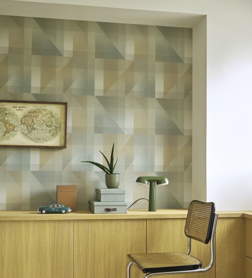 Papel pintado geometría de lino en tonos verde salvia y ocre  Eindhoven Overlay 684363