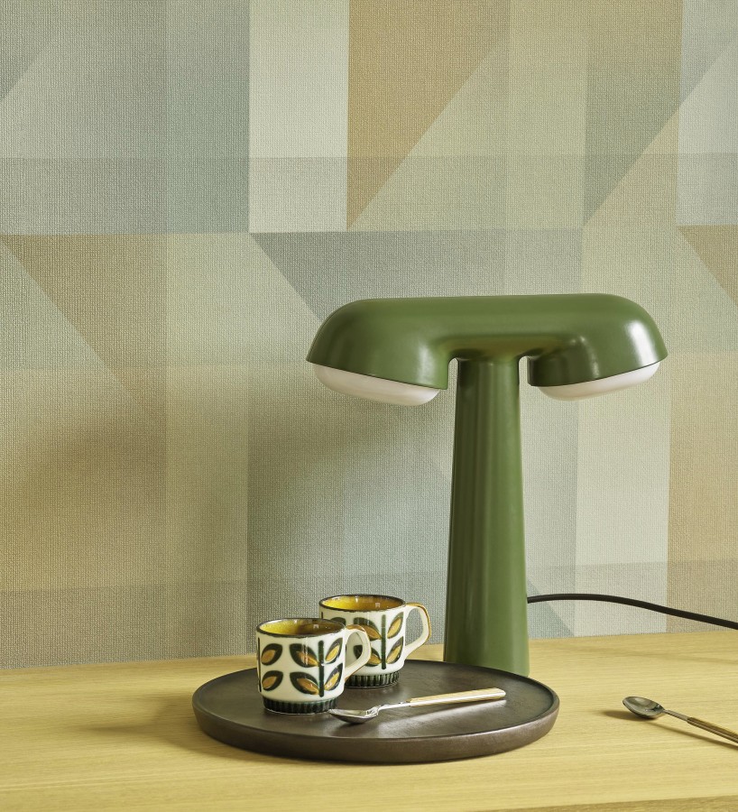 Papel pintado geometría de lino en tonos verde salvia y ocre  Eindhoven Overlay 684363