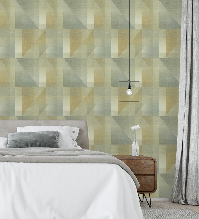 Papel pintado geometría de lino en tonos verde salvia y ocre  Eindhoven Overlay 684363