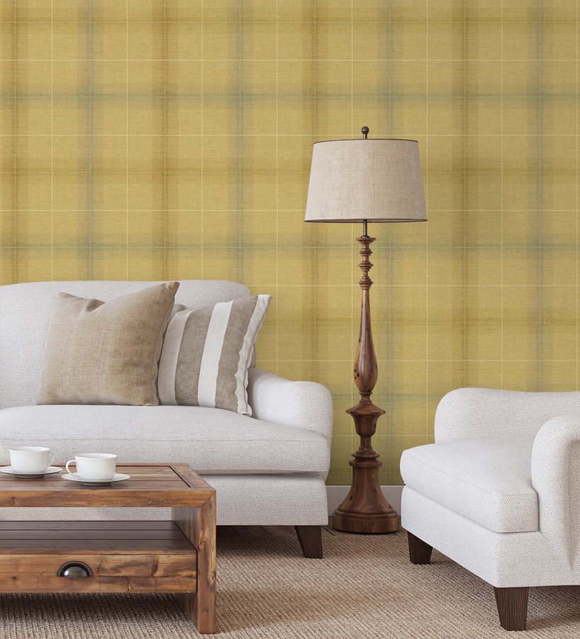 Papel pintado cuadros escoceses tartan fondo amarillo mostaza  Nottingham Expansive 684371