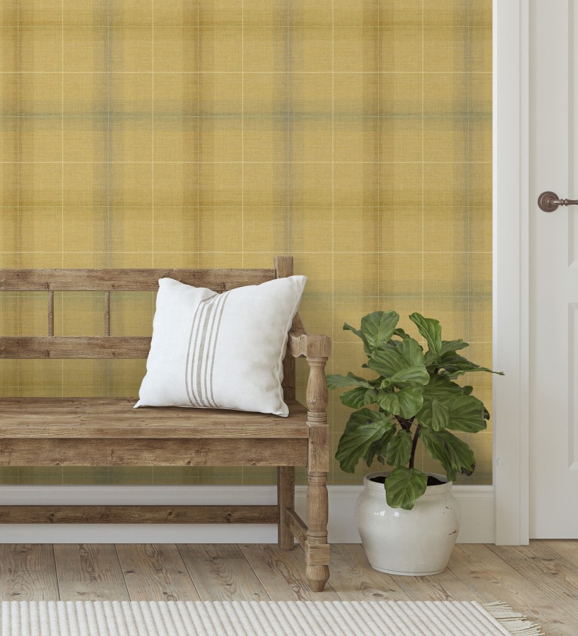 Papel pintado cuadros escoceses tartan fondo amarillo mostaza  Nottingham Expansive 684371