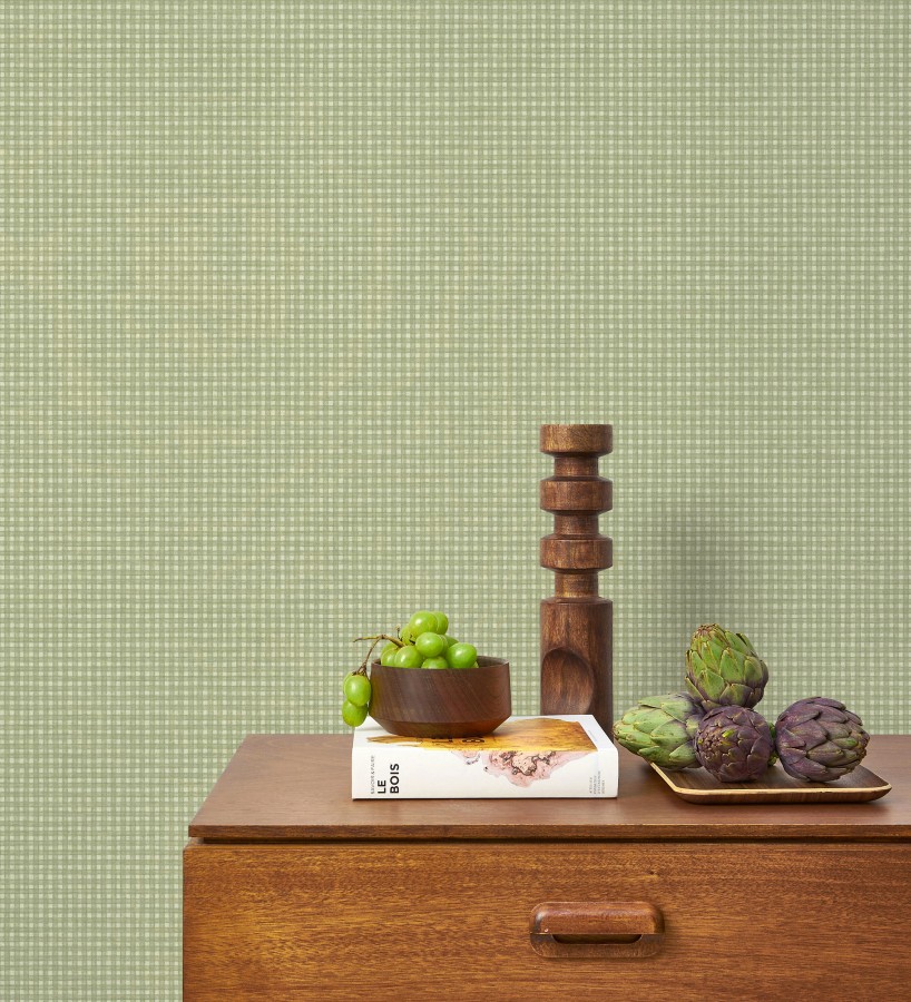 Papel pintado tejido de microcuadros tonos verde tenue  Lozoya Crossed 684383