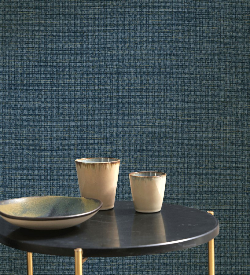 Papel pintado tejido de microcuadros tonos azul oscuro  Turia Striated 684388