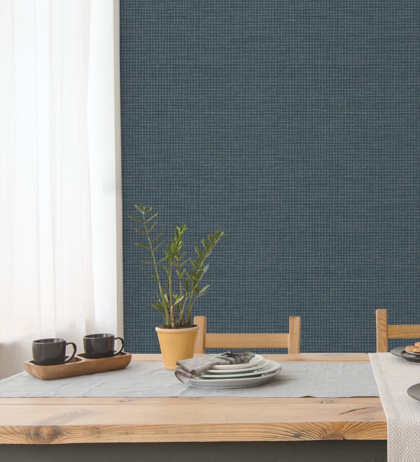 Papel pintado tejido de microcuadros tonos azul oscuro  Turia Striated 684388