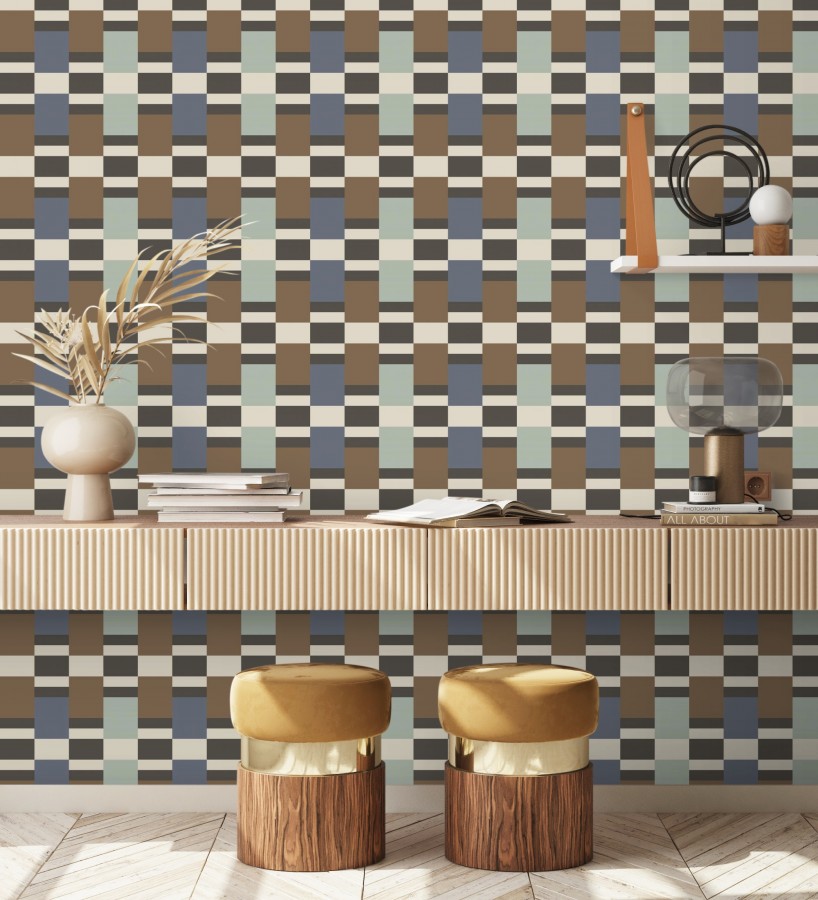 Papel pintado mosaico geométrico retro tonos azul celeste y marrón  Bari Inlay 684389