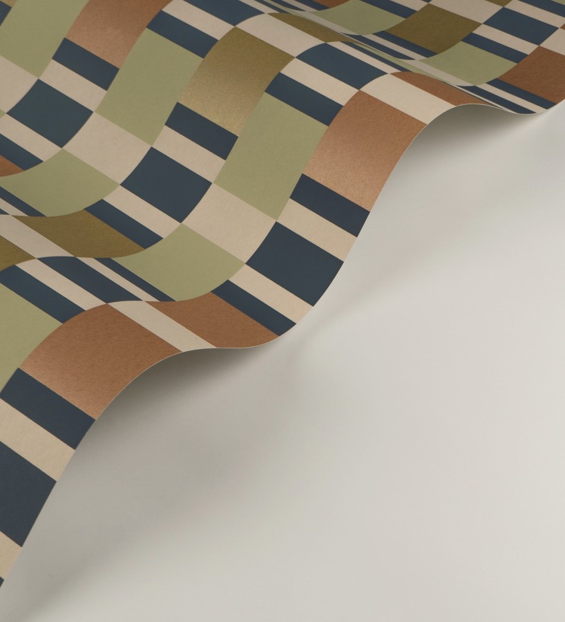 Papel pintado mosaico geométrico retro tonos verde cobre y dorado  Bari Inlay 684390