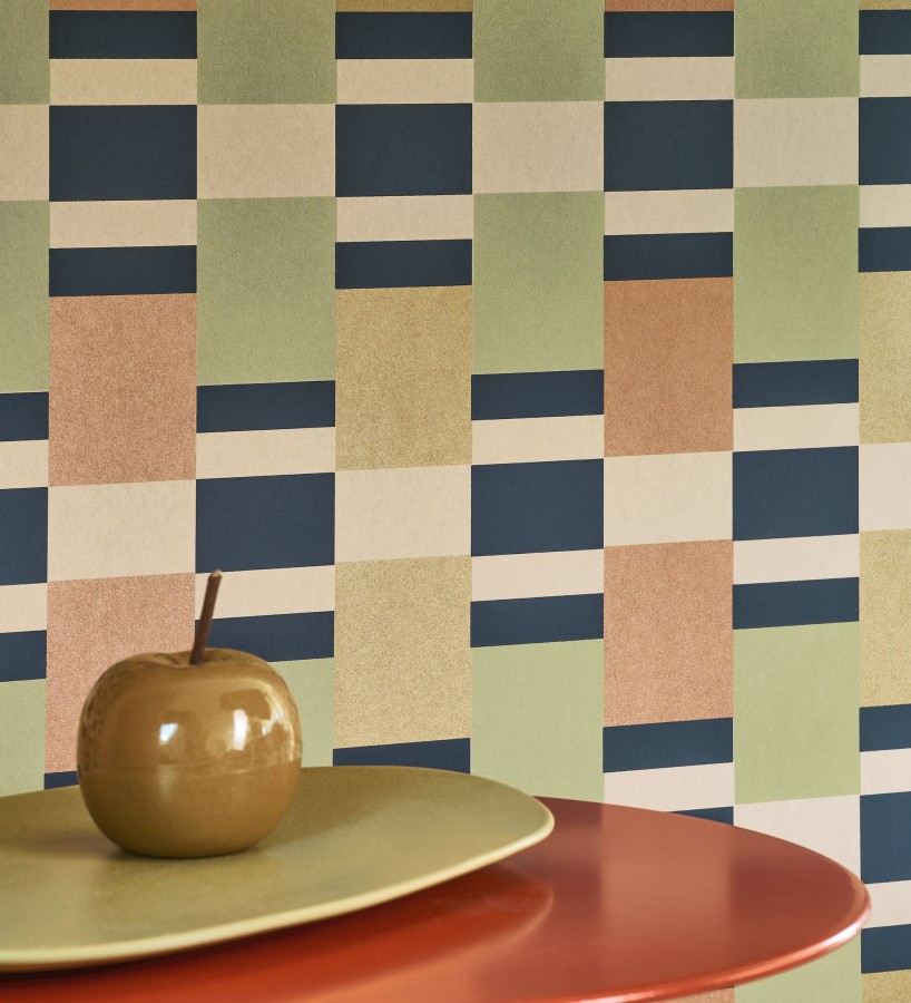 Papel pintado mosaico geométrico retro tonos verde cobre y dorado  Bari Inlay 684390