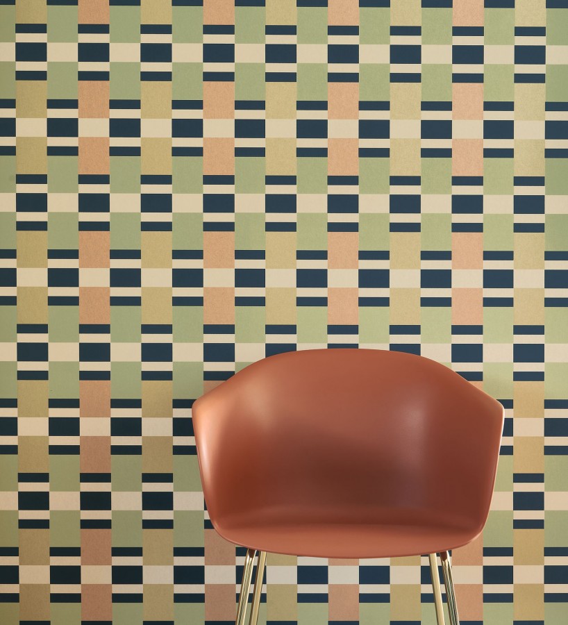 Papel pintado mosaico geométrico retro tonos verde cobre y dorado  Bari Inlay 684390