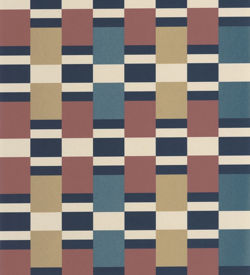 Papel pintado mosaico geométrico retro tonos rojo azul metalizado y dorado  Bari Inlay 684391