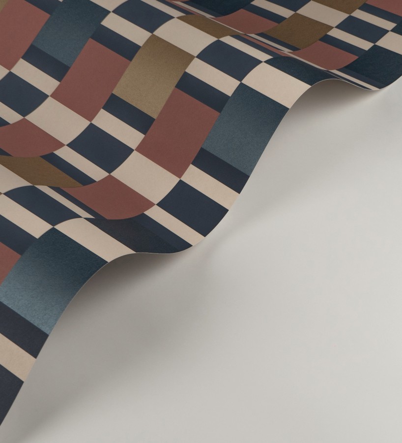 Papel pintado mosaico geométrico retro tonos rojo azul metalizado y dorado  Bari Inlay 684391