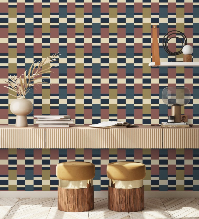 Papel pintado mosaico geométrico retro tonos rojo azul metalizado y dorado  Bari Inlay 684391