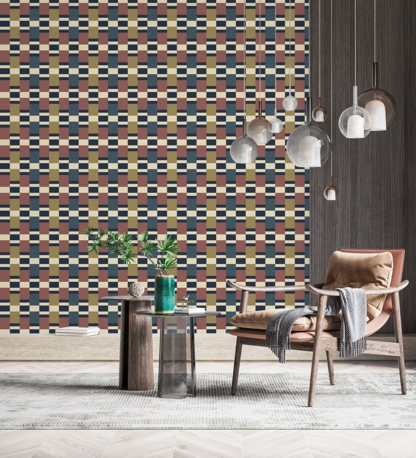 Papel pintado mosaico geométrico retro tonos rojo azul metalizado y dorado  Bari Inlay 684391