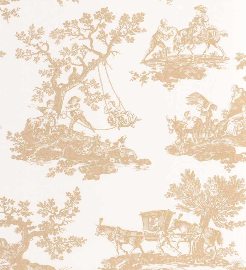 Papel pintado toile de jouy con escenas pastorales color mostaza  Clermont Folklore 684403