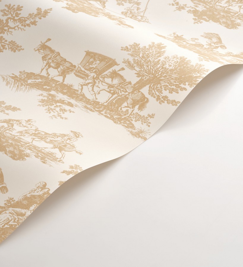Papel pintado toile de jouy con escenas pastorales color mostaza  Clermont Folklore 684403