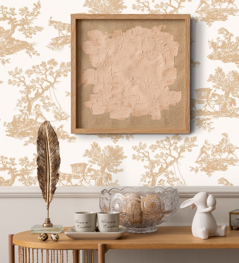 Papel pintado toile de jouy con escenas pastorales color mostaza  Clermont Folklore 684403