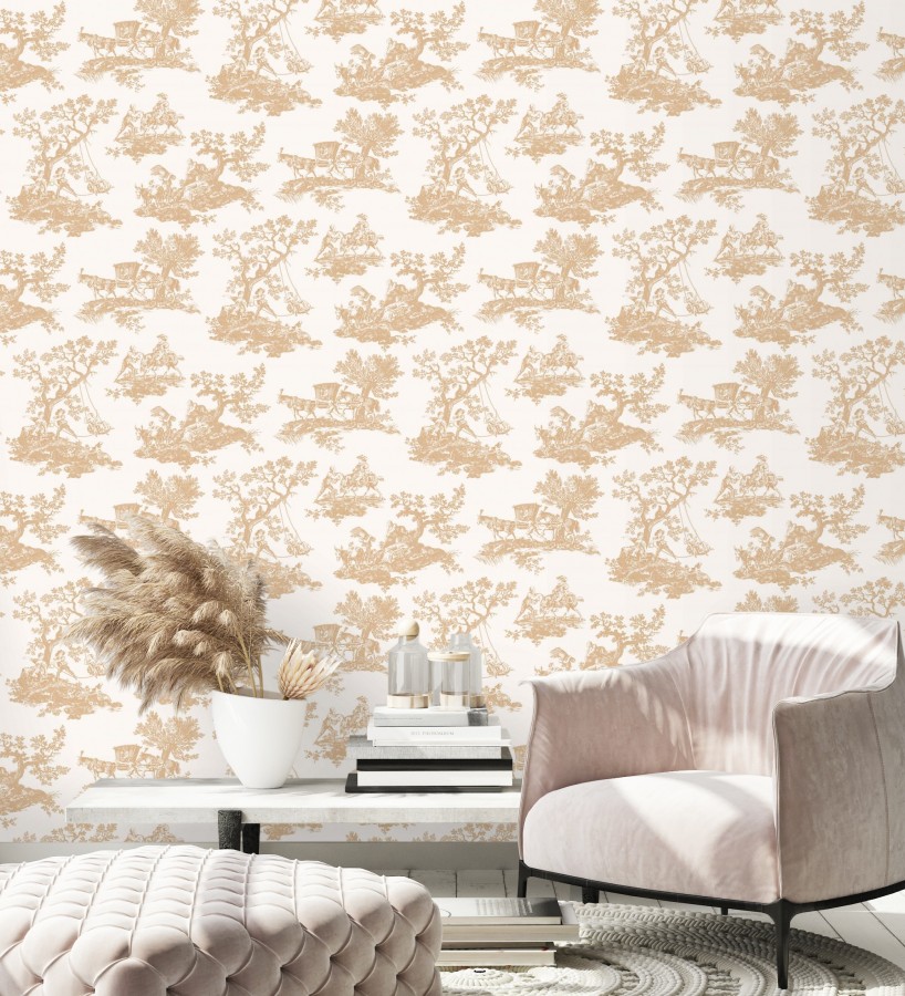 Papel pintado toile de jouy con escenas pastorales color mostaza  Clermont Folklore 684403