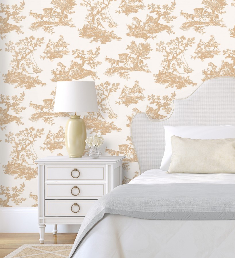 Papel pintado toile de jouy con escenas pastorales color mostaza  Clermont Folklore 684403