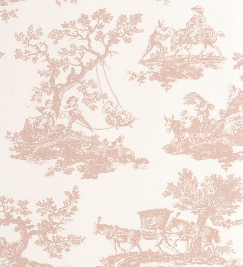 Papel pintado toile de jouy con escenas pastorales color rosa palo  Clermont Folklore 684404