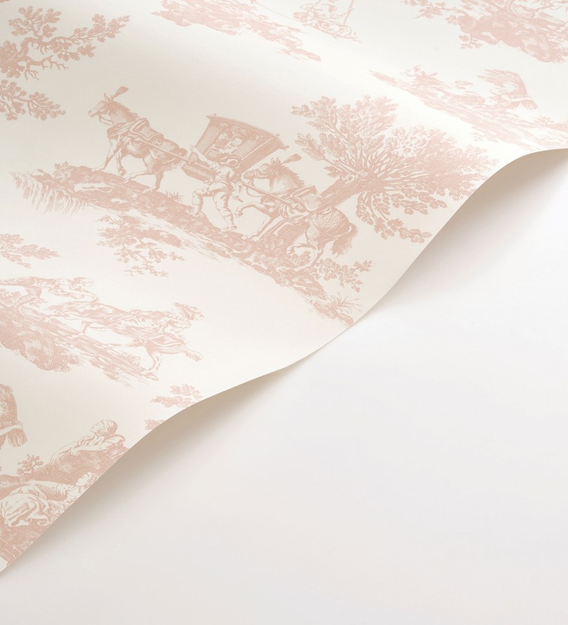 Papel pintado toile de jouy con escenas pastorales color rosa palo  Clermont Folklore 684404