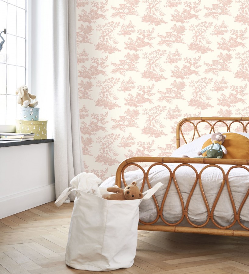 Papel pintado toile de jouy con escenas pastorales color rosa palo  Clermont Folklore 684404