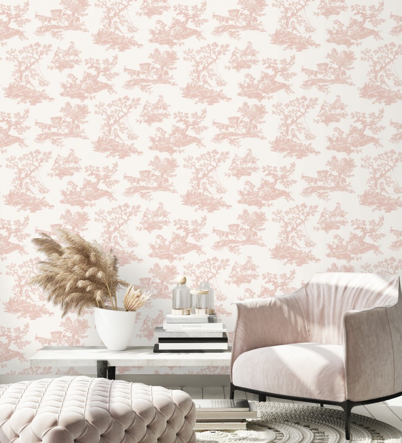 Papel pintado toile de jouy con escenas pastorales color rosa palo  Clermont Folklore 684404