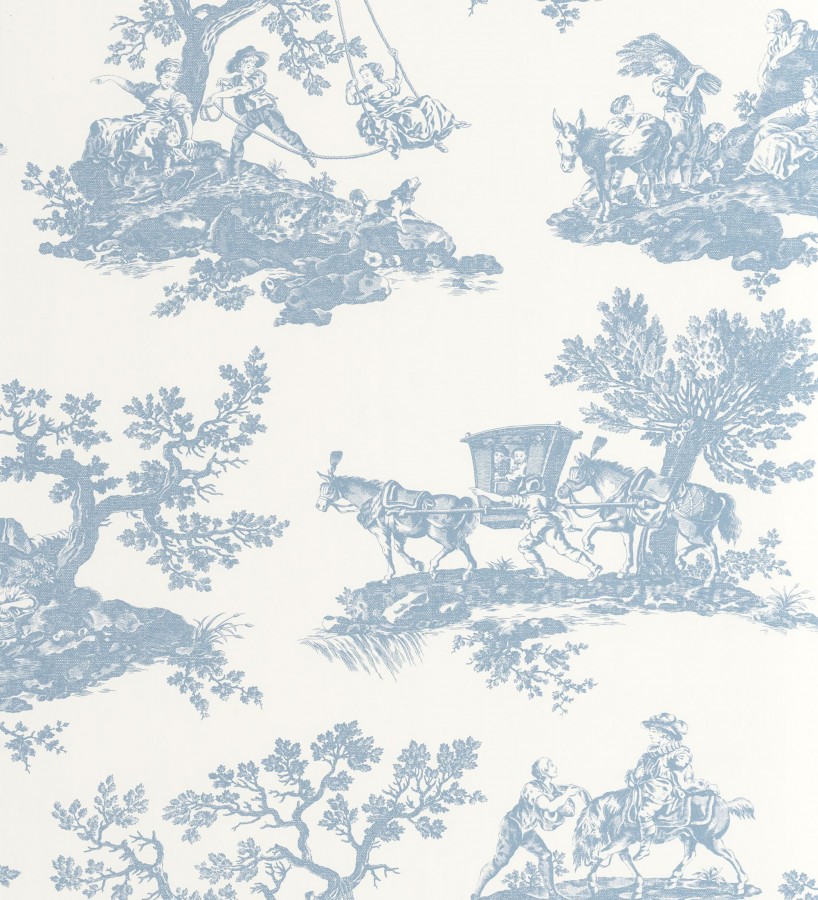 Papel pintado toile de jouy con escenas pastorales color azul  Clermont Folklore 684405